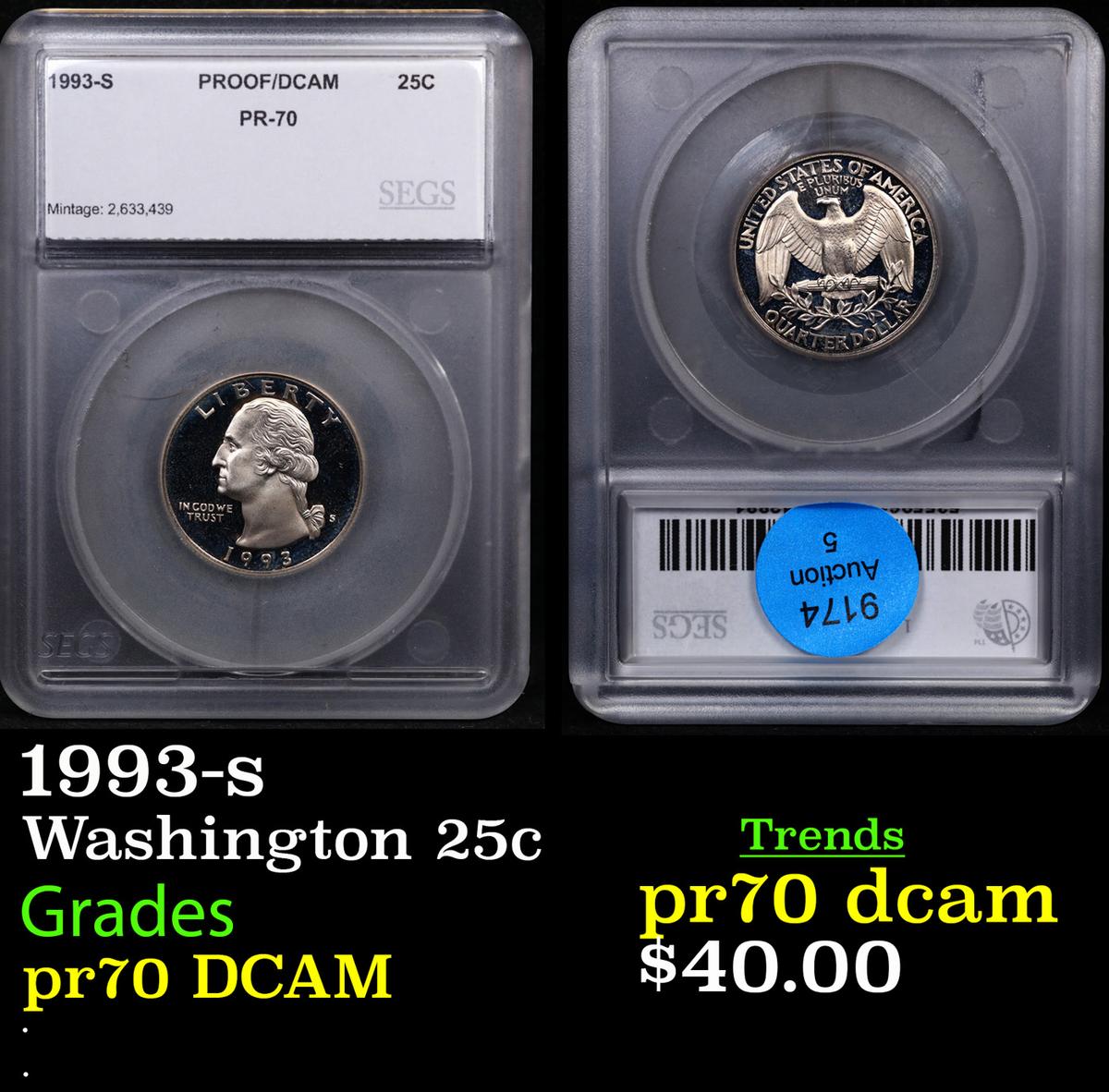 Proof 1993-s Washington Quarter TOP POP! 25c Graded pr70 dcam By SEGS