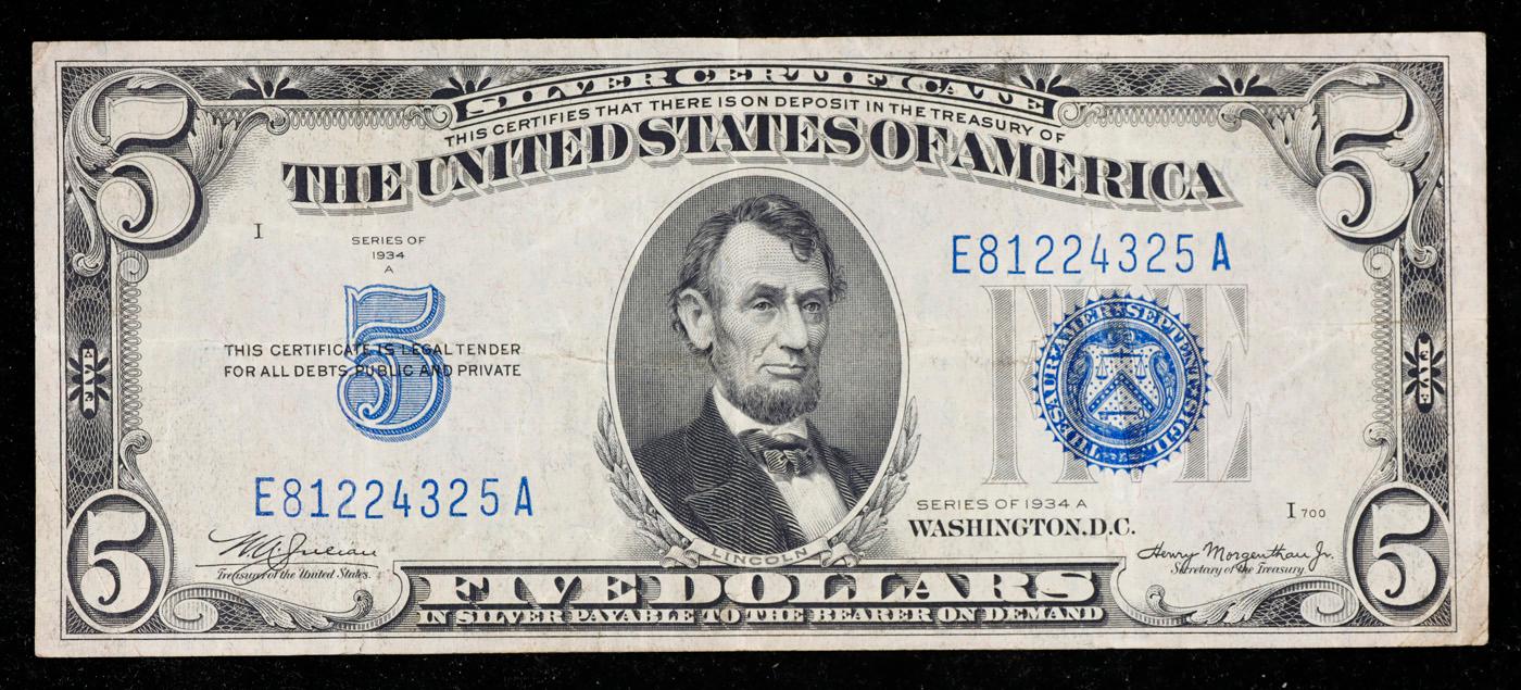 1934A $5 Blue Seal Silver Certificate Grades vf++