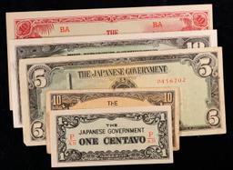 Lot of 5 Japanese WWII Invasion Money "JIM" Notes, Various Countries & Denominations Grades