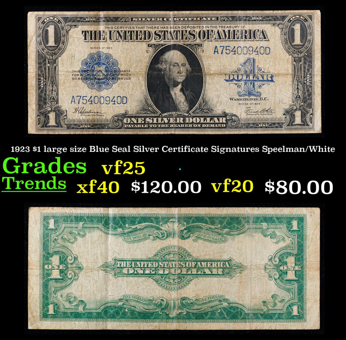 1923 $1 large size Blue Seal Silver Certificate Grades vf+ Signatures Speelman/White