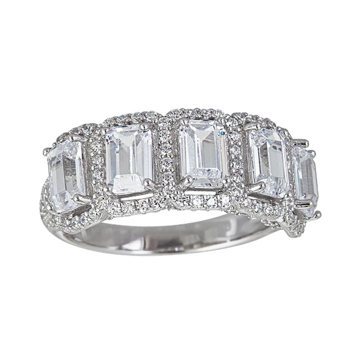 Decadence Sterling Silver 4x6mm Emerald Cut Halo Pave Anniversary Band With arc work size 6