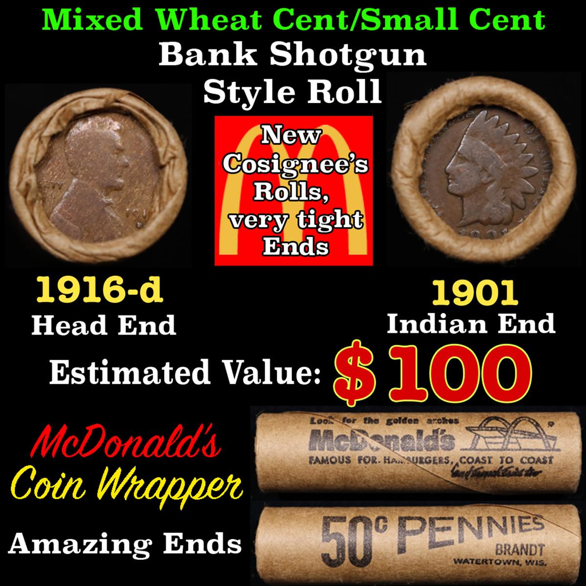 Lincoln Wheat Cent 1c Mixed Roll Orig Brandt McDonalds Wrapper, 1916-d end, 1901 Indian other end