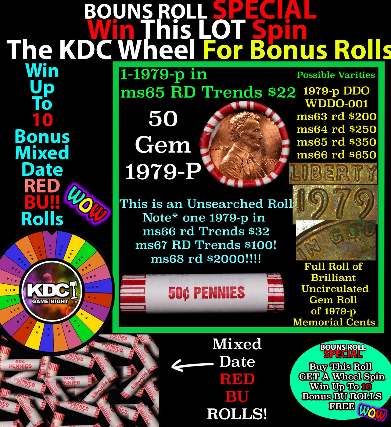 1-10 FREE BU RED Penny rolls with win of this 1979-p SOLID RED BU Lincoln 1c roll incredibly FUN whe