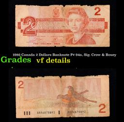 1986 Canada 2 Dollars Banknote P# 94a, Sig. Crow & Bouey Grades vf details