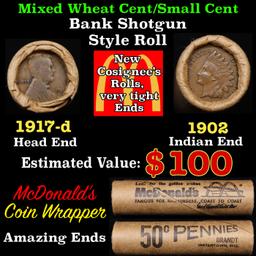 Lincoln Wheat Cent 1c Mixed Roll Orig Brandt McDonalds Wrapper, 1917-d end, 1902 Indian other end