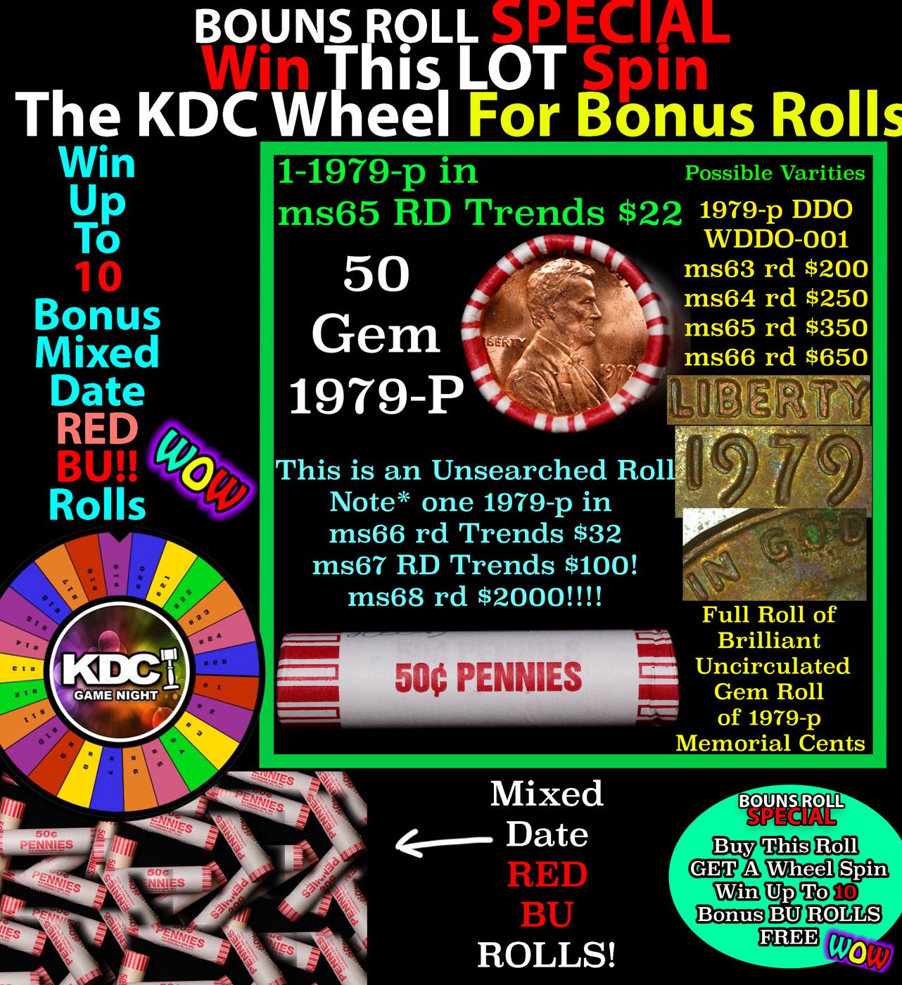 1-10 FREE BU RED Penny rolls with win of this 1979-p SOLID RED BU Lincoln 1c roll incredibly FUN whe