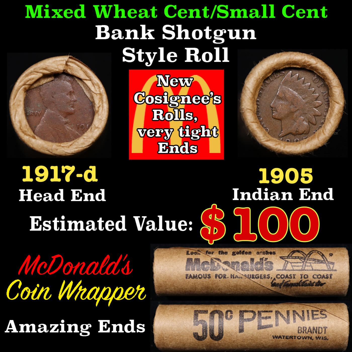 Lincoln Wheat Cent 1c Mixed Roll Orig Brandt McDonalds Wrapper, 1917-d end, 1905 Indian other end