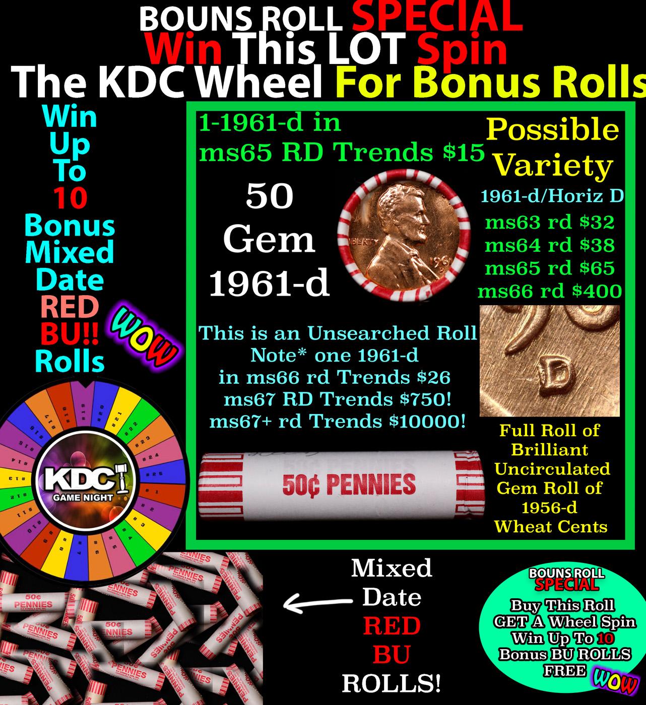 1-10 FREE BU RED Penny rolls with win of this 1961-d SOLID RED BU Lincoln 1c roll incredibly FUN whe