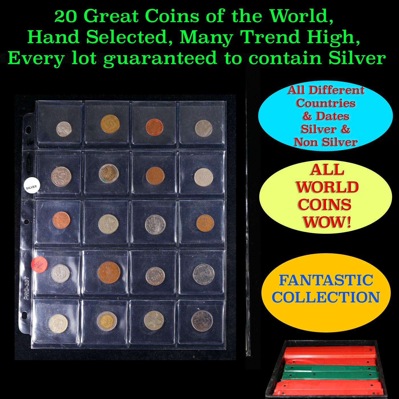 20 Great Coins of the World, hand selected, many trend high, every lot guaranteed to contain Silver.