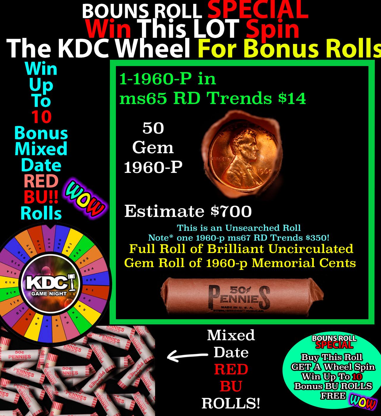 CRAZY Penny Wheel Buy THIS 1960-p solid Red BU Lincoln 1c roll & get 1-10 BU Red rolls FREE WOW