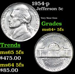 1954-p Jefferson Nickel 5c Grades Choice Unc+ 5fs