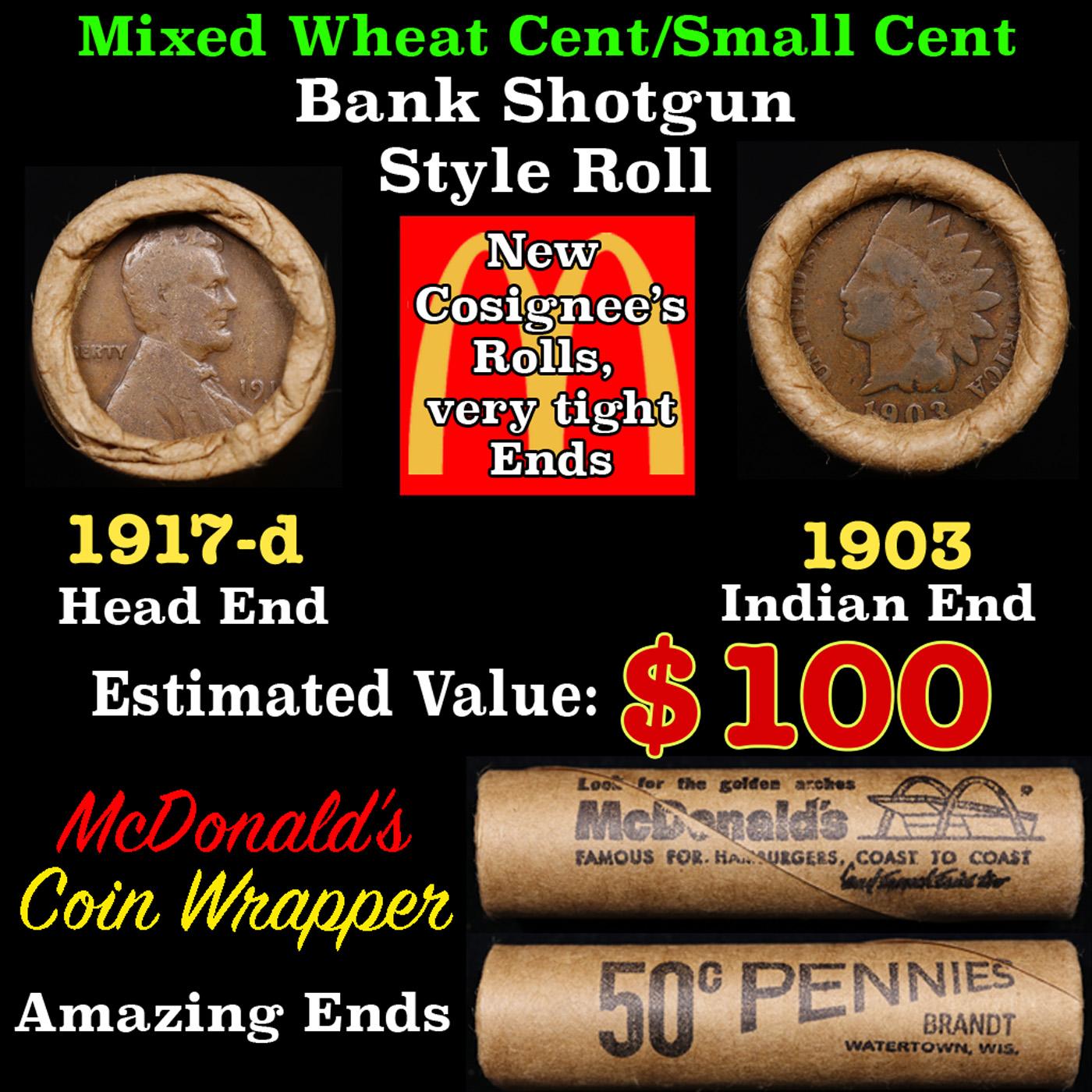 Lincoln Wheat Cent 1c Mixed Roll Orig Brandt McDonalds Wrapper, 1917-d end, 1903 Indian other end