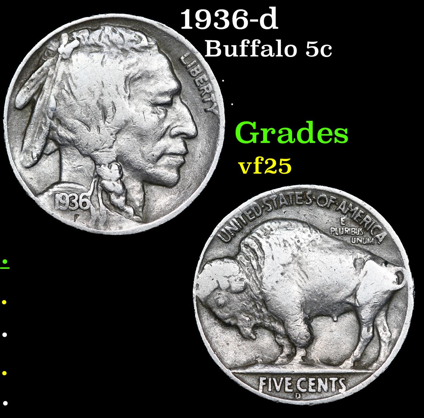 1936-d Buffalo Nickel 5c Grades vf+