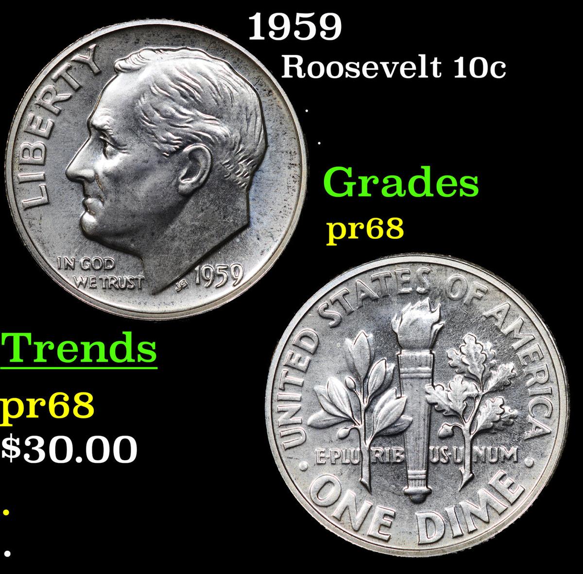 Proof 1959 Roosevelt Dime 10c Grades GEM++ Proof