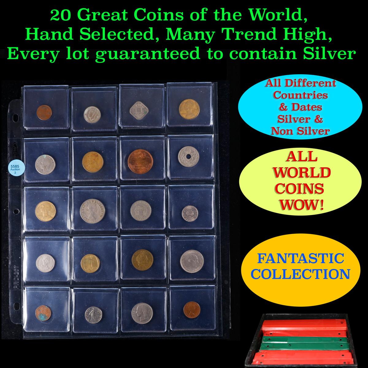 20 Great Coins of the World, hand selected, many trend high, every lot guaranteed to contain Silver.