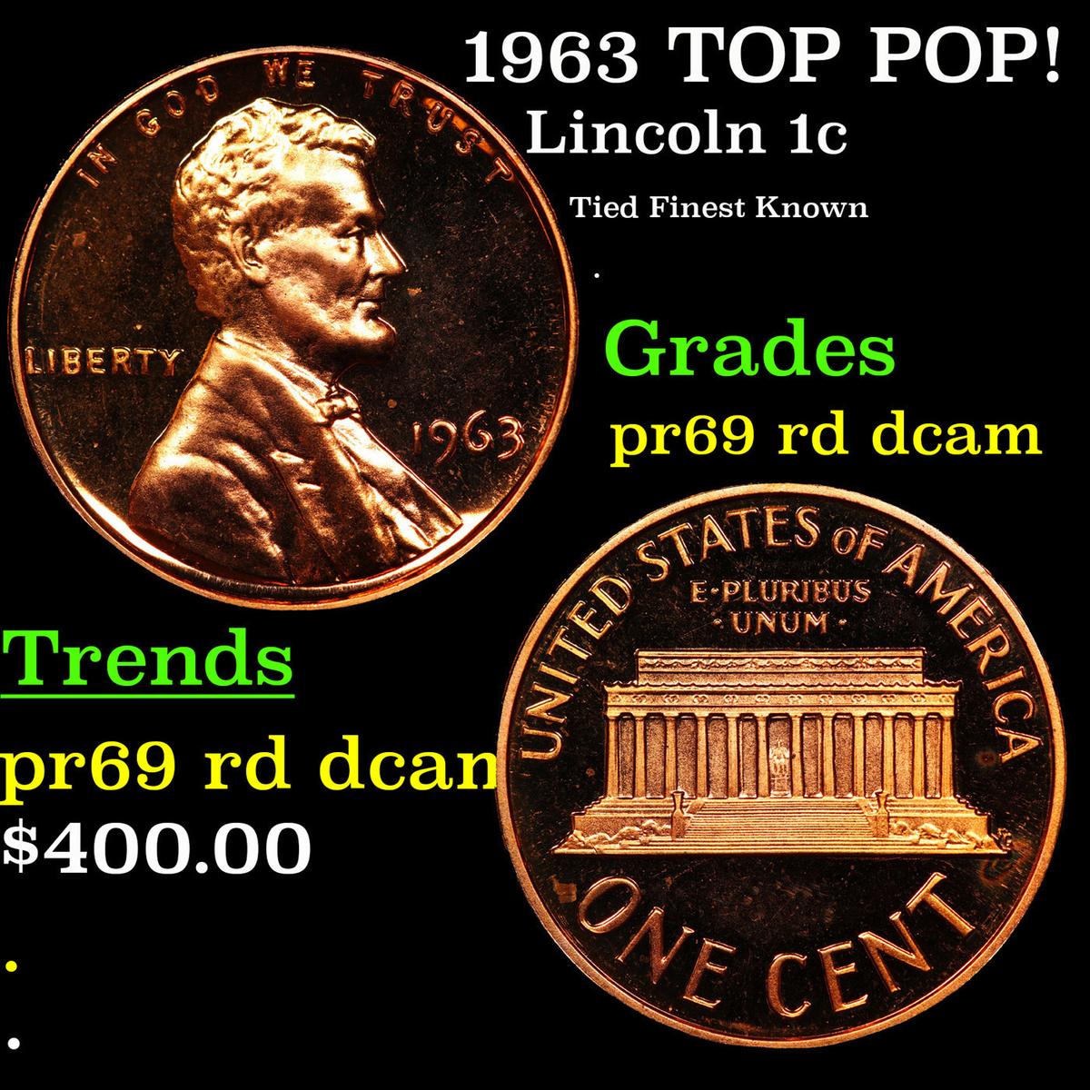 Proof 1963 Lincoln Cent TOP POP! 1c Graded pr69 rd dcam BY SEGS