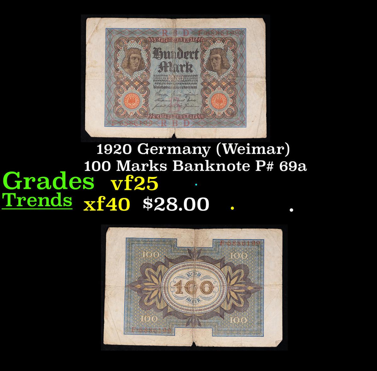 1920 Germany (Weimar) 100 Marks Banknote P# 69a Grades vf+