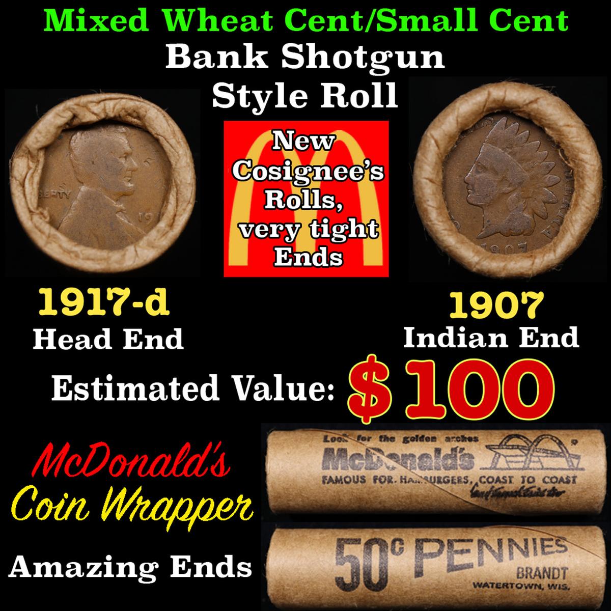 Lincoln Wheat Cent 1c Mixed Roll Orig Brandt McDonalds Wrapper, 1917-d end, 1907 Indian other end