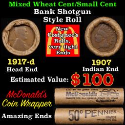 Lincoln Wheat Cent 1c Mixed Roll Orig Brandt McDonalds Wrapper, 1917-d end, 1907 Indian other end