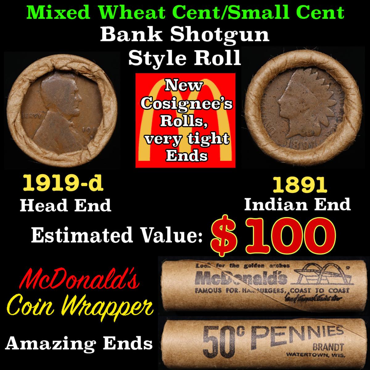 Lincoln Wheat Cent 1c Mixed Roll Orig Brandt McDonalds Wrapper, 1919-d end, 1891 Indian other end