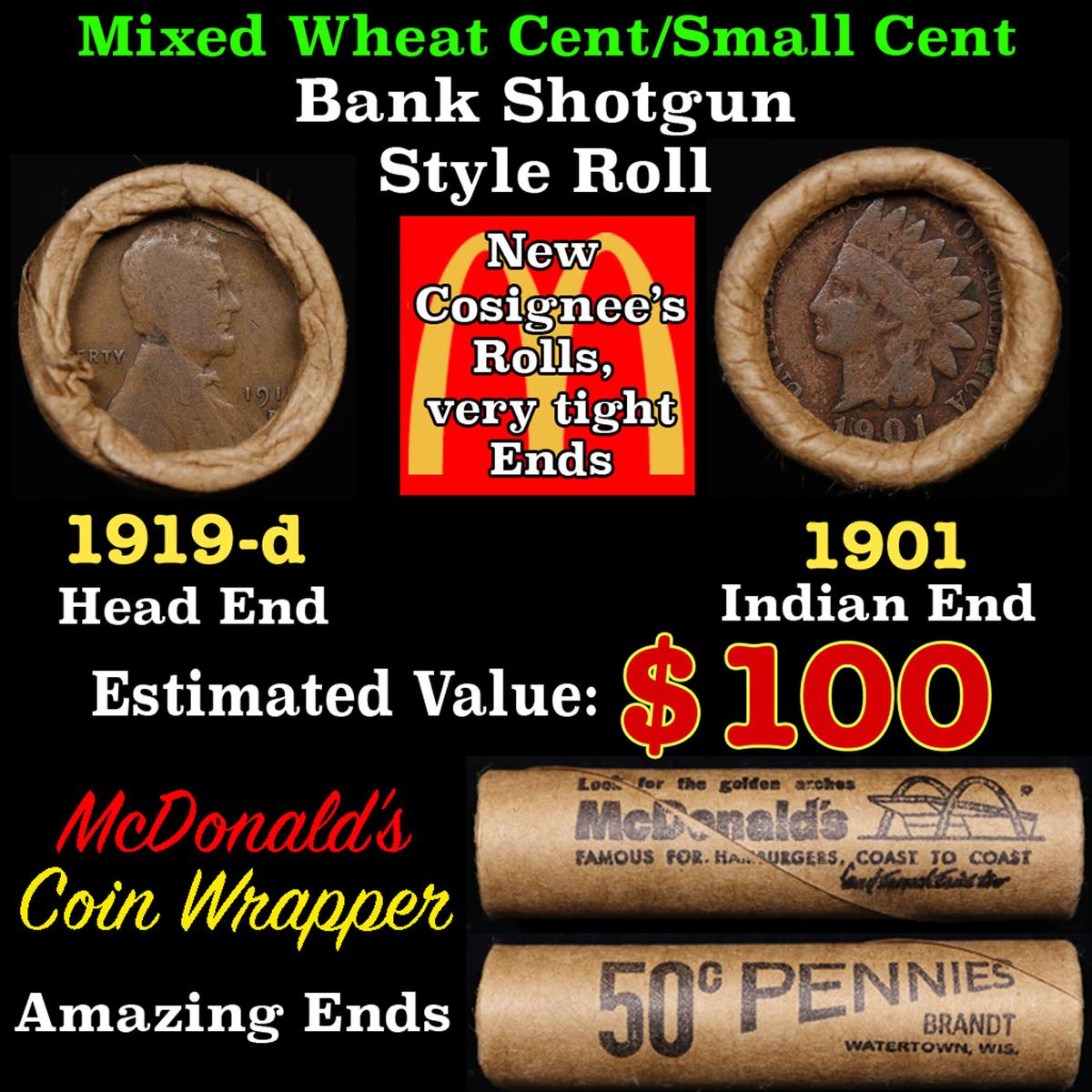 Lincoln Wheat Cent 1c Mixed Roll Orig Brandt McDonalds Wrapper, 1919-d end, 1901 Indian other end