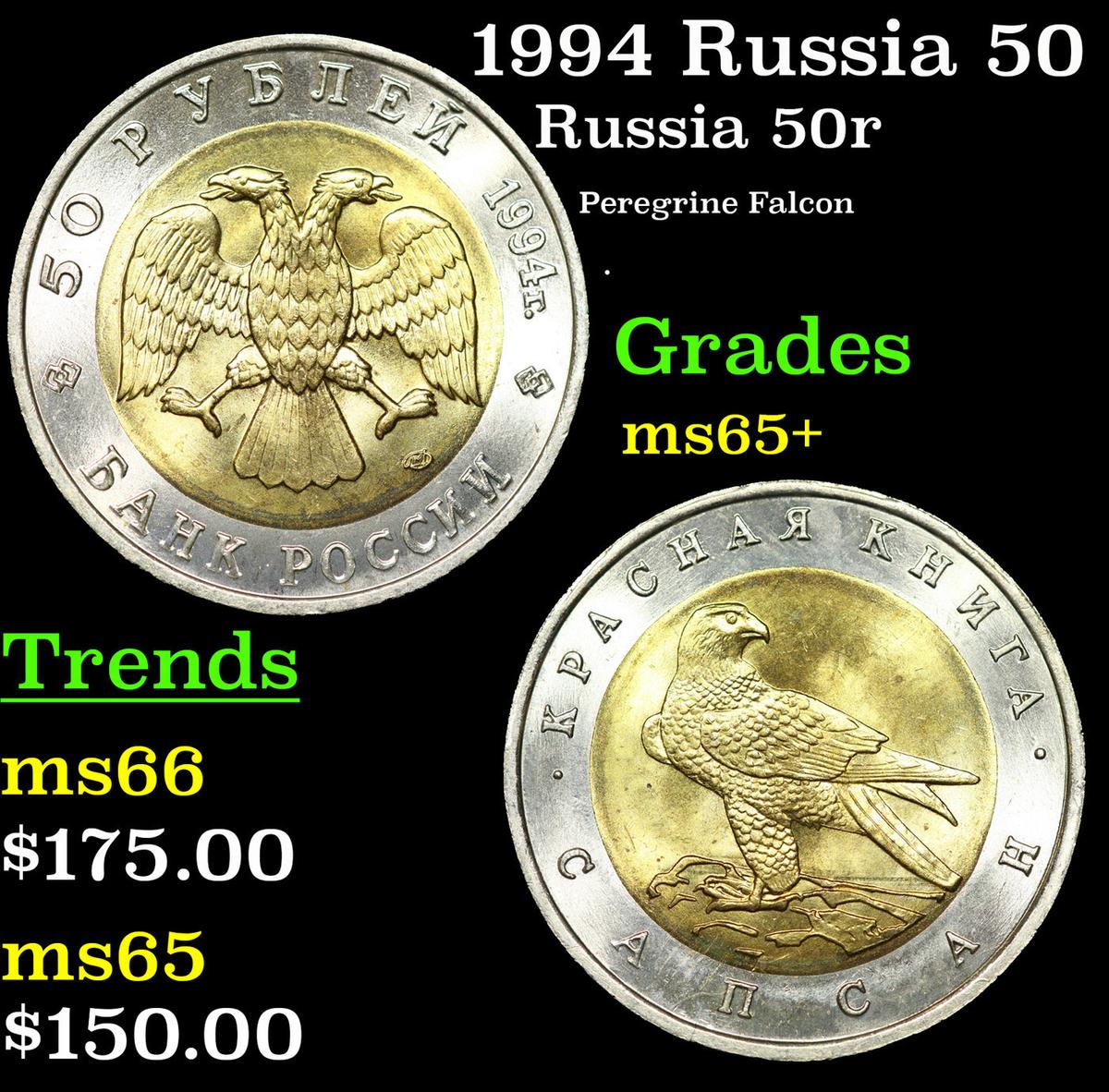 1994 Russia 50 Rubles Bimetallic Y# 370 Grades GEM+ Unc