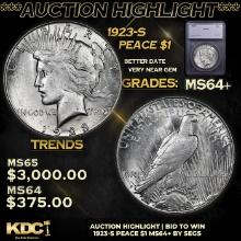 ***Auction Highlight*** 1923-s Peace Dollar 1 Graded ms64+ BY SEGS (fc)