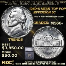 ***Auction Highlight*** 1969-s Jefferson Nickel Near Top Pop! 5c Graded ms66+ By SEGS (fc)