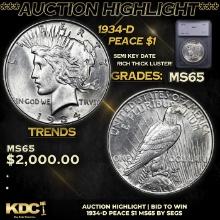 ***Auction Highlight*** 1934-d Peace Dollar $1 Graded ms65 By SEGS (fc)