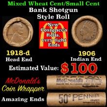 Lincoln Wheat Cent 1c Mixed Roll Orig Brandt McDonalds Wrapper, 1918-d end, 1906 Indian other end