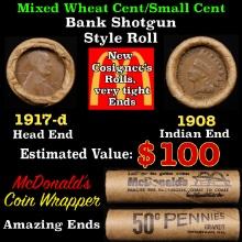 Lincoln Wheat Cent 1c Mixed Roll Orig Brandt McDonalds Wrapper, 1917-d end, 1908 Indian other end