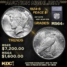 ***Auction Highlight*** 1924-s Peace Dollar 1 Graded ms64+ BY SEGS (fc)