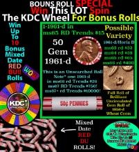 1-10 FREE BU RED Penny rolls with win of this 1961-d SOLID RED BU Lincoln 1c roll incredibly FUN whe