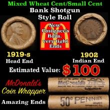 Small Cent Mixed Roll Orig Brandt McDonalds Wrapper, 1919-s Lincoln Wheat end, 1902 Indian other end