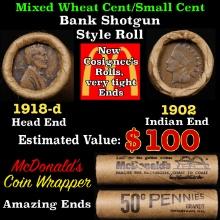 Small Cent Mixed Roll Orig Brandt McDonalds Wrapper, 1918-d Lincoln Wheat end, 1902 Indian other end