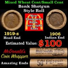 Small Cent Mixed Roll Orig Brandt McDonalds Wrapper, 1919-s Lincoln Wheat end, 1906 Indian other end