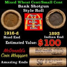 Small Cent Mixed Roll Orig Brandt McDonalds Wrapper, 1916-d Lincoln Wheat end, 1893 Indian other end