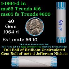 BU Shotgun Jefferson 5c roll, 1964-p 40 pcs Bank $2 Nickel Wrapper