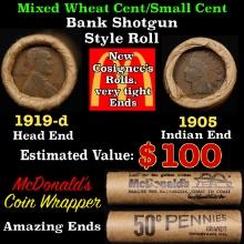 Small Cent Mixed Roll Orig Brandt McDonalds Wrapper, 1919-d Lincoln Wheat end, 1905 Indian other end