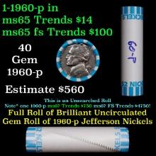 BU Shotgun Jefferson 5c roll, 1960-p 40 pcs Bank $2 Nickel Wrapper