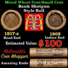 Small Cent Mixed Roll Orig Brandt McDonalds Wrapper, 1917-s Lincoln Wheat end, 1905 Indian other end