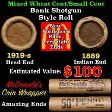 Small Cent Mixed Roll Orig Brandt McDonalds Wrapper, 1919-s Lincoln Wheat end, 1889 Indian other end