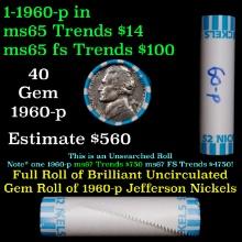 BU Shotgun Jefferson 5c roll, 1960-p 40 pcs Bank $2 Nickel Wrapper