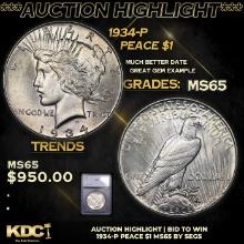 ***Auction Highlight*** 1934-p Peace Dollar 1 Graded ms65 By SEGS (fc)