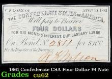 1861 Confederate CSA Four Dollar $4 Note Grades Select CU