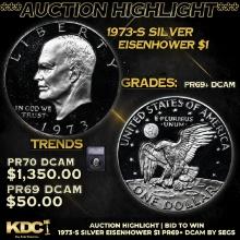 Proof ***Auction Highlight*** 1973-s Silver Eisenhower Dollar $1 Graded pr69+ dcam By SEGS (fc)