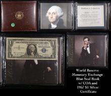 World Reserve Monetary Exchange Blue Seal Book w/ COA and 1957 $1 Silver Certificate