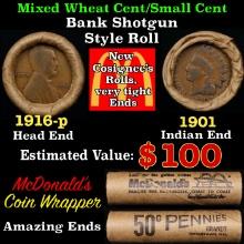 Small Cent Mixed Roll Orig Brandt McDonalds Wrapper, 1916-p Lincoln Wheat end, 1901 Indian other end