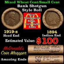 Small Cent Mixed Roll Orig Brandt McDonalds Wrapper, 1919-s Lincoln Wheat end, 1894 Indian other end
