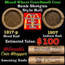 Small Cent Mixed Roll Orig Brandt McDonalds Wrapper, 1917-p Lincoln Wheat end, 1907 Indian other end